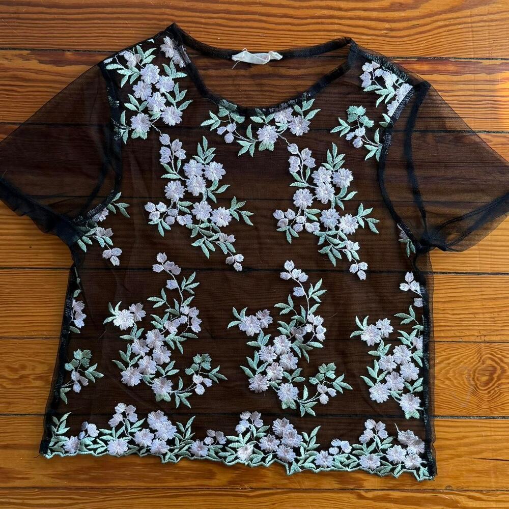 Twinkle black mesh floral embroidered top size S